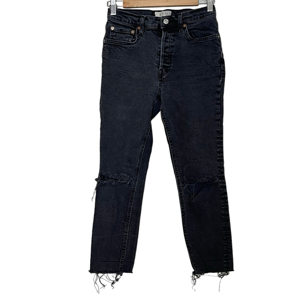 We the Free Black Denim Button Fly Straight Leg Jeans Size 27 Distressed Raw Hem